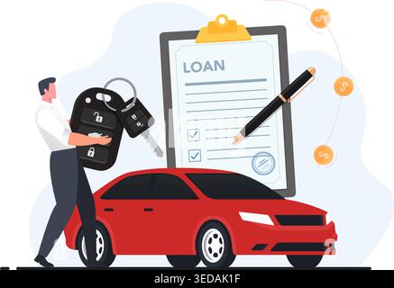 Modern flat design of car loan approval with contract document, keys, and red vehicle symbolizing financing and ownership. Stock Illustration. Stock Vector