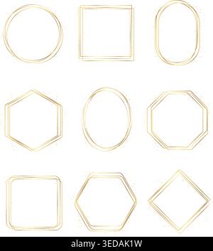 Elegant gold geometric frames set with thin luxury lines and subtle glitter accents. Collection includes circle, square, oval, hexagon and octagon sha Stock Vector