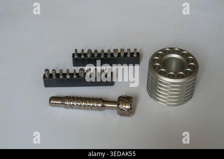 Screwdriver, stand, bits tools for job and hobby Stock Photo