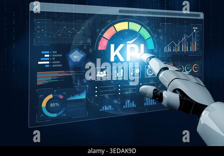 An AI assistant manages a business intelligence dashboard, tracking Key Performance Indicators (KPI) in real-time. This smart system visualizes data Stock Photo