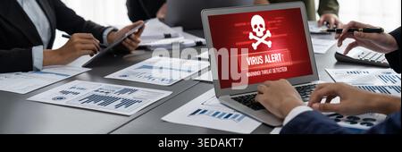Virus warning alert on computer screen detected brisk cyber threat , hacker, computer virus and malware Stock Photo