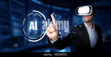 A businessman engages with advanced AI technology using virtual reality, showcasing futuristic innovation and interaction in a digital environment Stock Photo