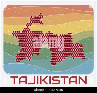 Tajikistan vintage logo. Hexagon dots shape of the country on retro colored stripe waves background. Stock Vector