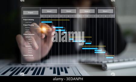 A focused business professional interacts with a digital Gantt chart illustrating project tasks, timelines, and milestones for efficient project Stock Photo