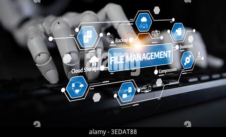 A conceptual image showcasing a robotic hand on a keyboard, emphasizing digital file management features like backup, cloud storage, and compression Stock Photo