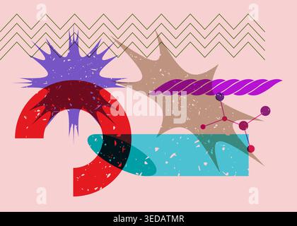 Colorful geometric shapes. Object in trendy riso graph design. Geometry elements abstract risograph print texture style. Stock Vector