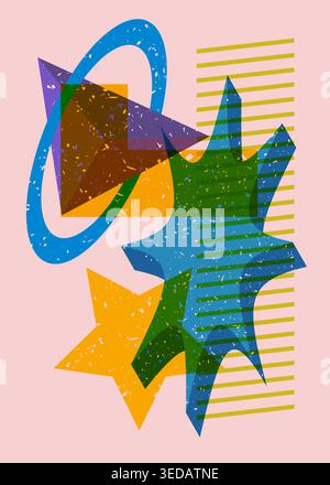 Colorful geometric shapes. Object in trendy riso graph design. Geometry elements abstract risograph print texture style. Stock Vector