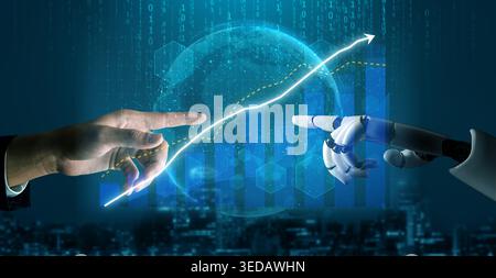 A visual representation of humanity and technology merging, highlighting the connection between human and robot hands against a backdrop of data and Stock Photo
