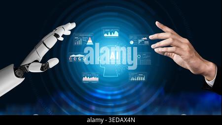 The brain of business intelligence is AI powered data analysis. A concept of a smart system using AI to visualize company metrics. Motif Stock Photo