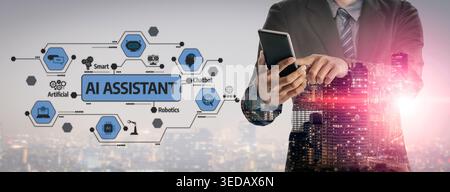 A professional man uses a smartphone within a futuristic cityscape, highlighting the integration of AI assistants into daily business and technology Stock Photo