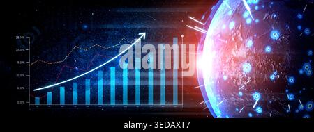 This vibrant digital artwork depicts growth trends, featuring graphs and arrows overlaying a glowing planet. Ideal for technology and finance themes Stock Photo