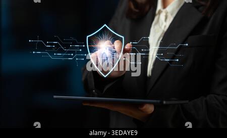 AI-powered cybersecurity. Intelligent system acts as a digital shield cyber security, providing security network protection and data security against Stock Photo