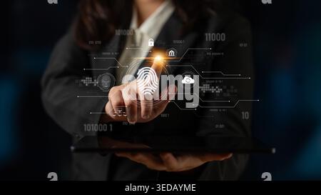 Biometric fingerprint identification and cybersecurity system ensuring secure access, identity verification, cloud data protection, and digital safety Stock Photo