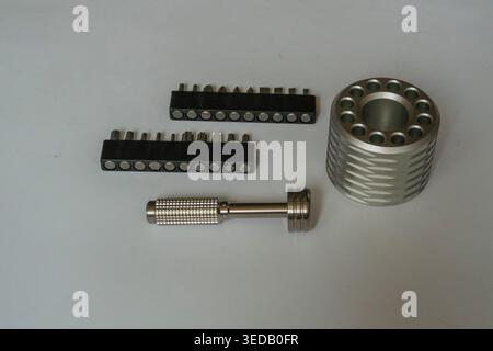 Titanium screwdriver, stand, bits for hobby and work Stock Photo