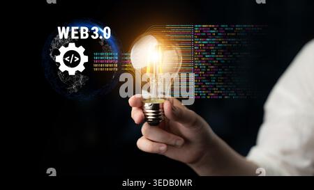 The concept of Web 3.0 development and decentralized data processing. The flow of binary code and information in the next generation internet. Motif Stock Photo