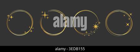 Gold frame golden ring set. Hand drawn gold round glitter line circular border with light sparkle. Luxury whimsical wedding jewelry glow flare decoration christmas star. Vector illustration Stock Vector