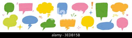 Paper speech bubble collage set. Hand drawn paper speech bubble frame with texture text balloon sticker. Cute comic chat scrapbook memo torn crumpled school background. Vector illustration Stock Vector