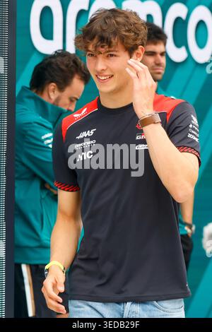 Miami Gardens, Florida, USA. 3rd May, 2026. Oliver Bearman of Great Britain and driver of the (87) TGR Haas F1 Team race car is seen at the players parade before the Formula 1 Crypto.com Grand Prix at Miami International Autodrome in Miami Gardens, Florida. Credit: Chris Arjoon/ZUMA Wire/Alamy Live News Stock Photo