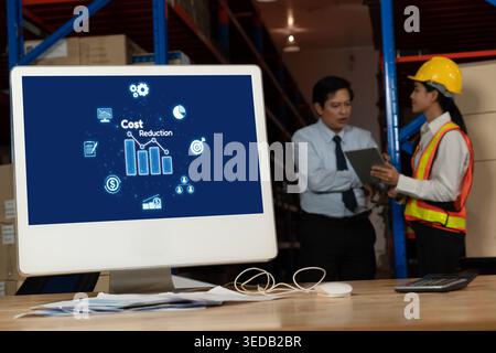 Cost reduction, cost saving concept shown on computer screen brisk, corporate business efficiently save cost and company resources by reduction of Stock Photo