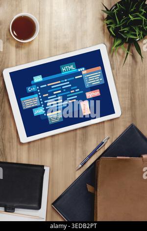 Software development or programming work with coding screen of various programming languages like HTML, , , and C brisk for new application Stock Photo