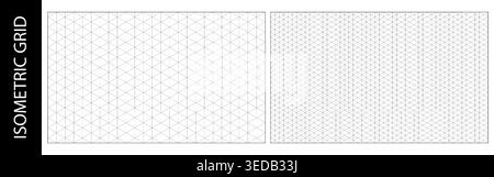Isometric drawing paper, triangle corner grid, element layout diagram. Linear mesh surface and math cube lattice, architectural blueprint bg. Blank Stock Vector