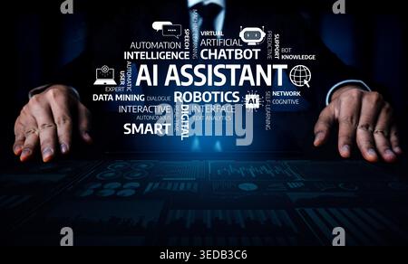 A businessman showcases the concept of AI assistants, integrating technology and data analysis, highlighting the future of robotics and intelligent Stock Photo