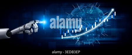 A futuristic robot arm points at a glowing financial graph overlaying a digital globe, representing the intersection of technology and economic growth Stock Photo
