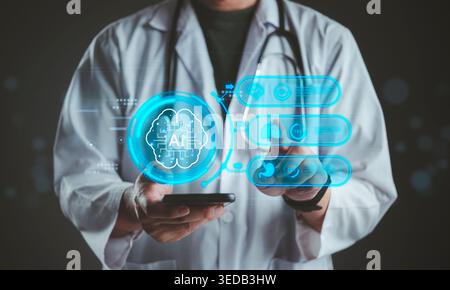 Doctor using smartphone with AI artificial intelligence brain interface. Futuristic medical analysis of lungs, stomach, and health diagnosis technolog Stock Photo