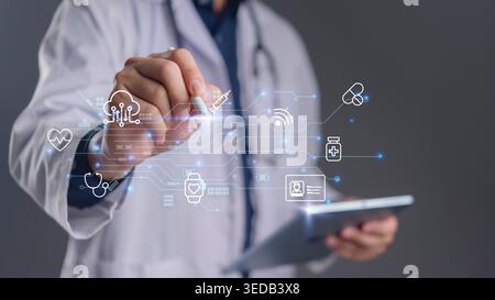 Doctor hand using stylus pen tablet drawing cloud medical network connection icon. Digital healthcare data system IoMT technology. Telemedicine servic Stock Photo