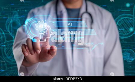 Doctor hand touching AI agent virtual screen interface hospital. Artificial intelligence medical healthcare technology concept. Smart robot diagnosis Stock Photo