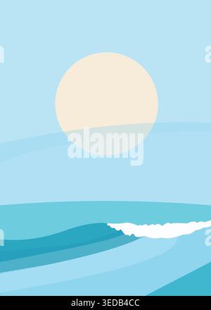 Flat illustration of a serene ocean scene with soft waves and a large sun, representing calm nature, relaxation, and minimalist seascape design. Stock Vector