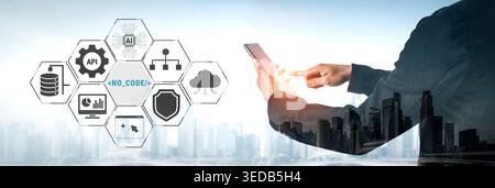 Business Professional Engaging with No-Code Technology and Data Management Solutions in a Modern Urban Environment Quark. Stock Photo