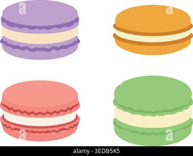 A sweet flat illustration set featuring colorful macarons in four flavors and pastel tones. Stock Vector