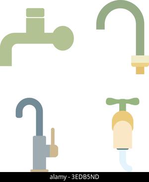 A flat illustration collection featuring different faucet and tap designs. Stock Vector
