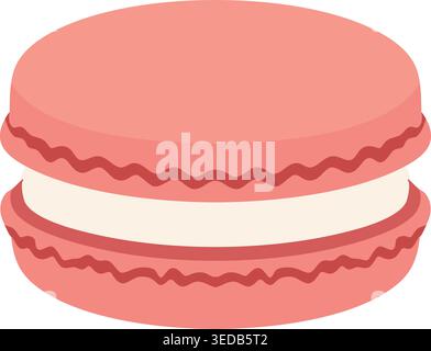 Simple illustration of a pink macaron sandwich cookie with textured ruffled edges and a white cream filling. Stock Vector