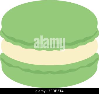 Simple illustration of a green macaron sandwich cookie with pale cream filling and soft ruffled edges. Stock Vector
