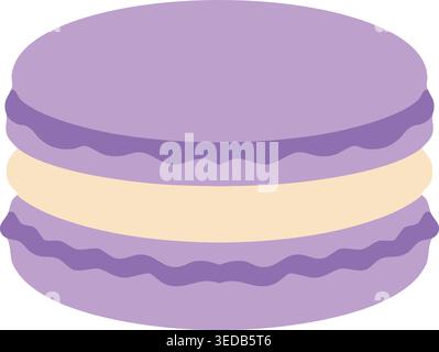 Simple illustration of a purple macaron sandwich cookie with cream filling and ruffled edges. Stock Vector