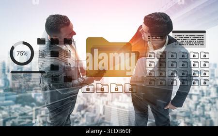 Two professional businessmen engage in a handshake with a digital overlay of secure data icons, symbolizing partnership and technology in a modern Stock Photo