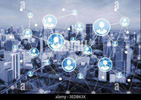 Abstract digital network connection visualization with business icons over a modern cityscape, emphasizing technology, interaction, and community in a Stock Photo