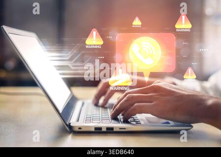 Digital Communication with Warning Notifications on Laptop Screen Emphasizing Urgency and Technology in Modern Work Environments Haptic. Stock Photo