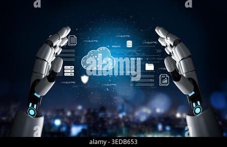 Robotic hands extend toward a digital cloud, symbolizing the fusion of technology and data. This image captures the essence of innovation, automation Stock Photo