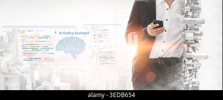 A business professional engages with a smartphone while integrating AI coding assistant tools, surrounded by a modern city backdrop and digital Stock Photo