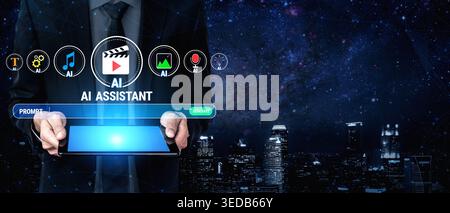 Businessman Using Modern Tablet Technology with AI Assistant in Night Cityscape Featuring Colorful Background and Icons Representing Digital Tools Stock Photo