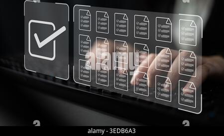 Task management concept illustrating digital checklist, document organization, and workflow tracking for project planning and productivity. Parse Stock Photo