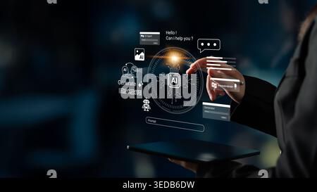 A person engages with a futuristic AI interface featuring interactive elements designed for digital communication and user interaction. Ideal for tech Stock Photo