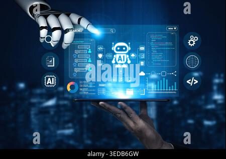Futuristic Robotics Interface with AI Elements and Hands Interacting with Digital Data Visualization on a Dark Technology Background Fluxor. Stock Photo