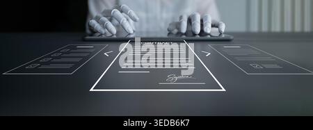 A close-up view of hands using a digital tablet to sign a contract, surrounded by business documents, representing modern digital workflows in legal Stock Photo