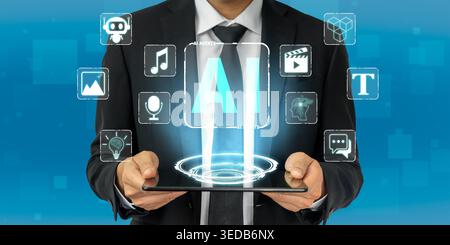 Businessman Using Tablet for Artificial Intelligence, Digital Transformation, and Innovation in Technology Services with Visual Icons Background Quark Stock Photo