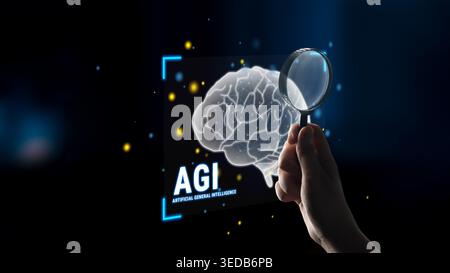 Close-Up View of a Hand Holding a Magnifying Glass Over a Digital Representation of a Brain with the Text Artificial General Intelligence Haptic. Stock Photo