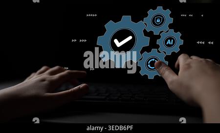 Hands interact with digital gears and icons on a dark background, symbolizing automation, technology, and the power of artificial intelligence in Stock Photo